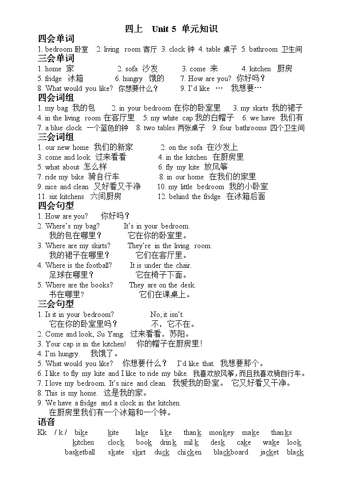 译林版四上英语四上 Unit 5 单元知识 学案01