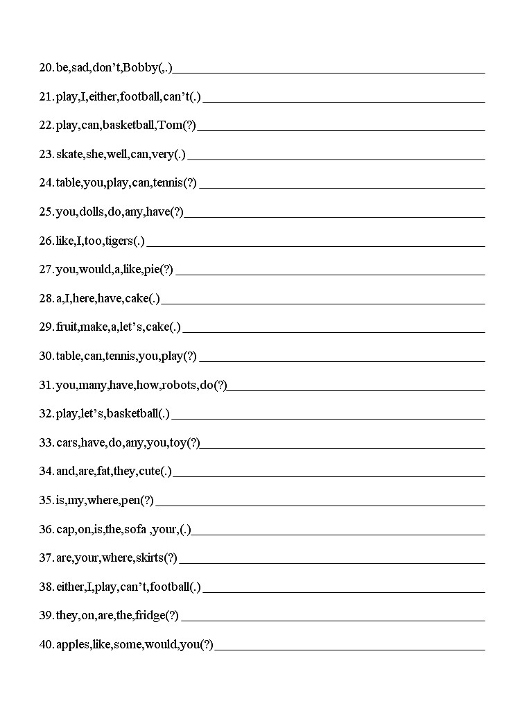 译林版四上英语四上连词成句 试卷02