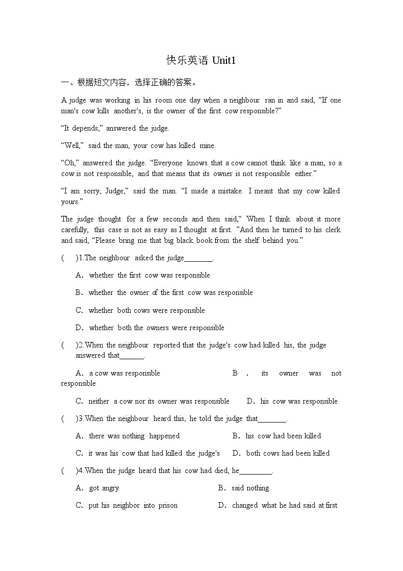 快乐英语六年级上册阅读理解训练第1页