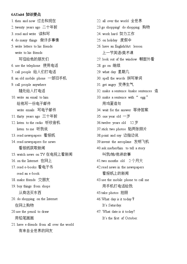 译林版六上英语6AUnit4知识要点01