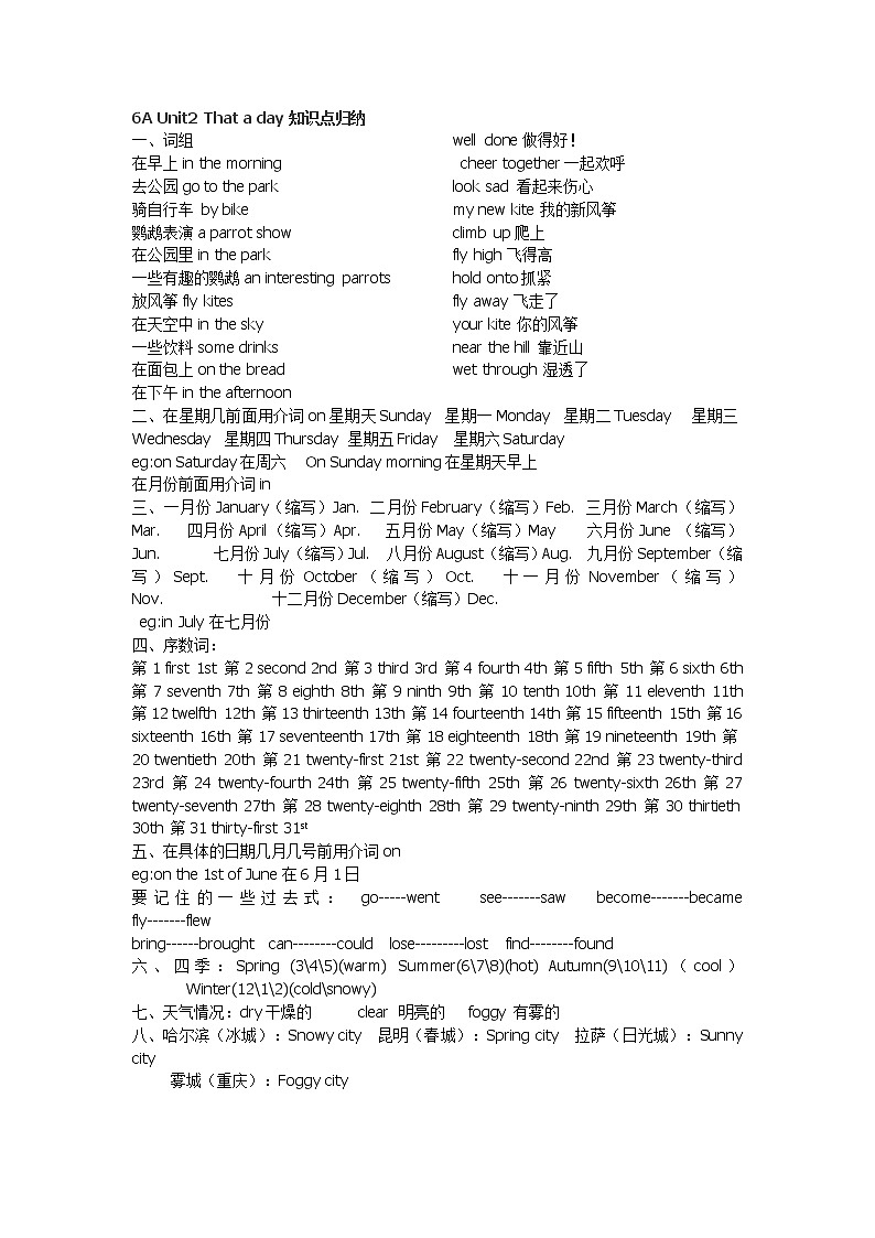 译林版六上英语6A Unit2 That a day知识点归修改纳01