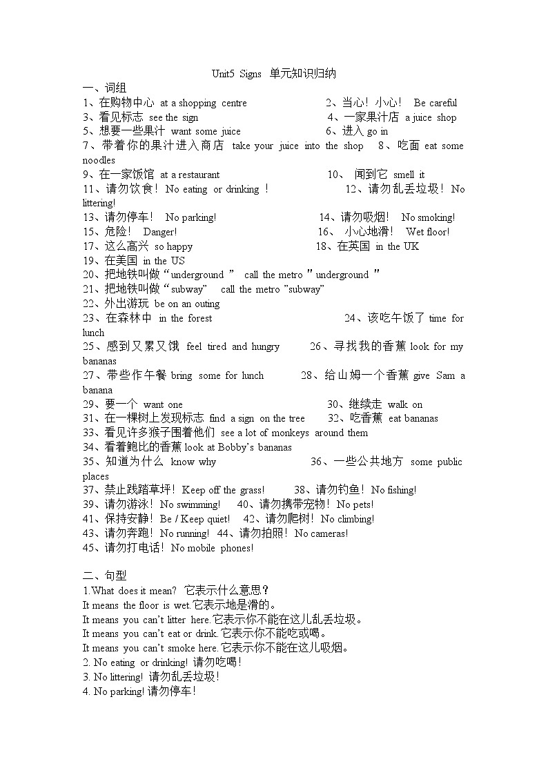 译林版六上 Unit5 单元知识归纳01