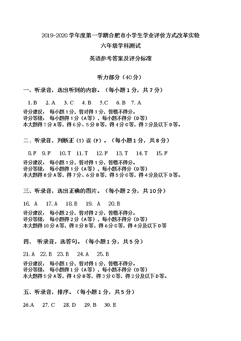 人教版(PEP)2019-2020学年上学期合肥市小学绿色评价试卷六年级英语（含答案及听力音频）01