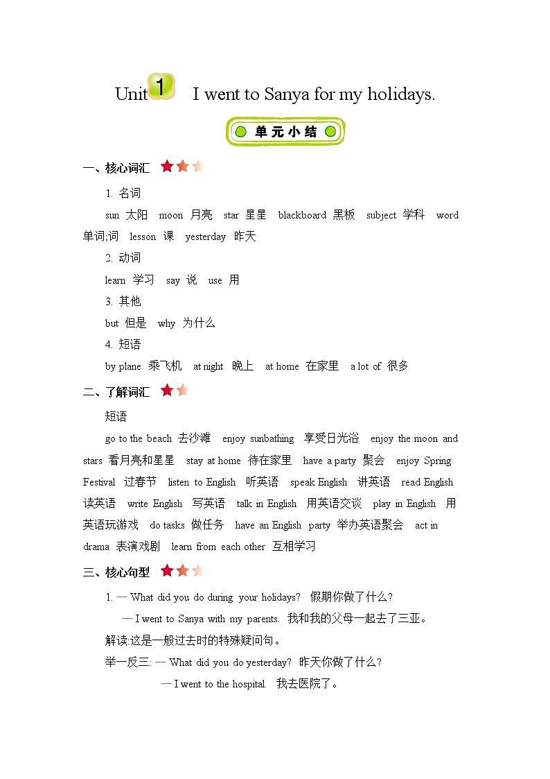 Unit 1 I went to Sanya for my holidays 知识清单01