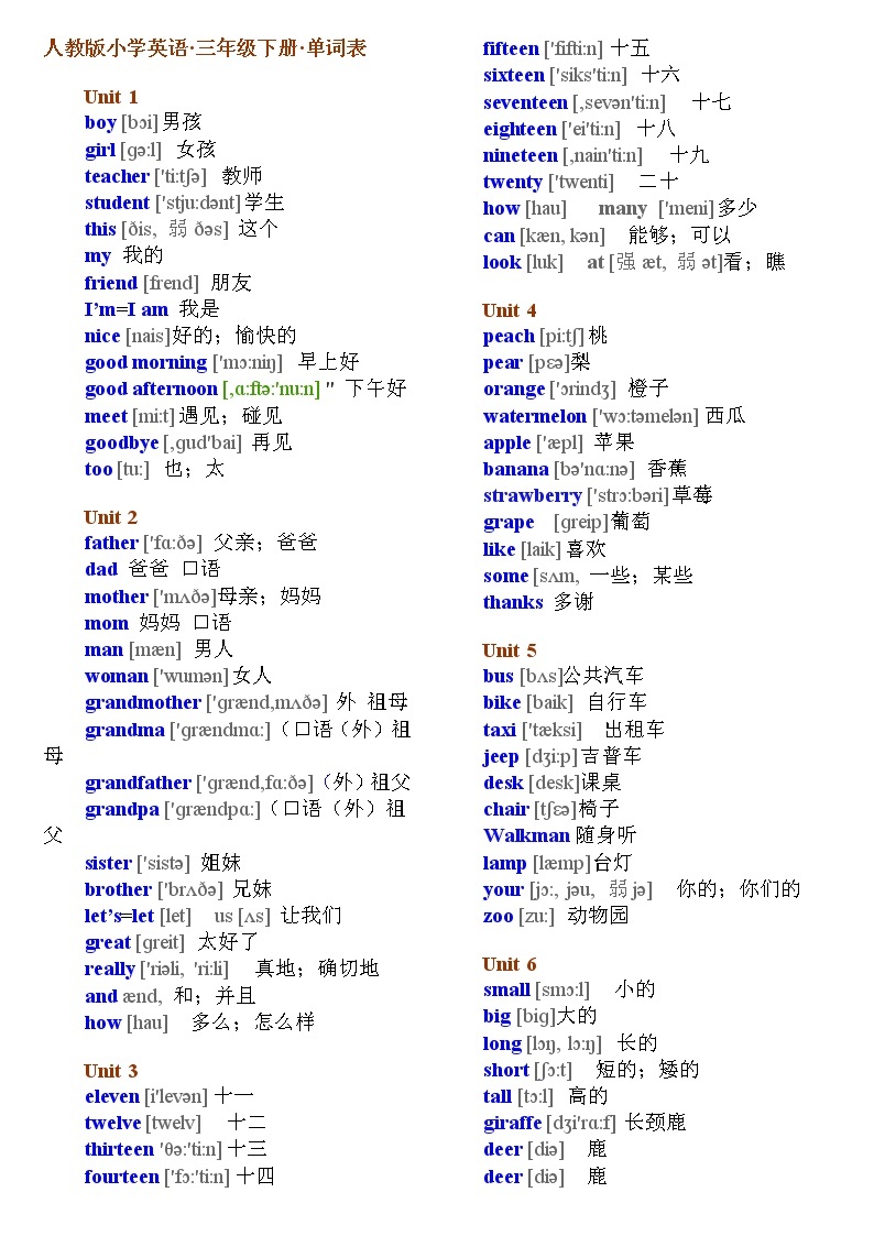 PEP小学英语3-6年级单词及音标 学案02