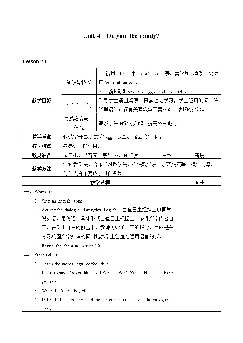Unit 4  Do you like candy_教案2101