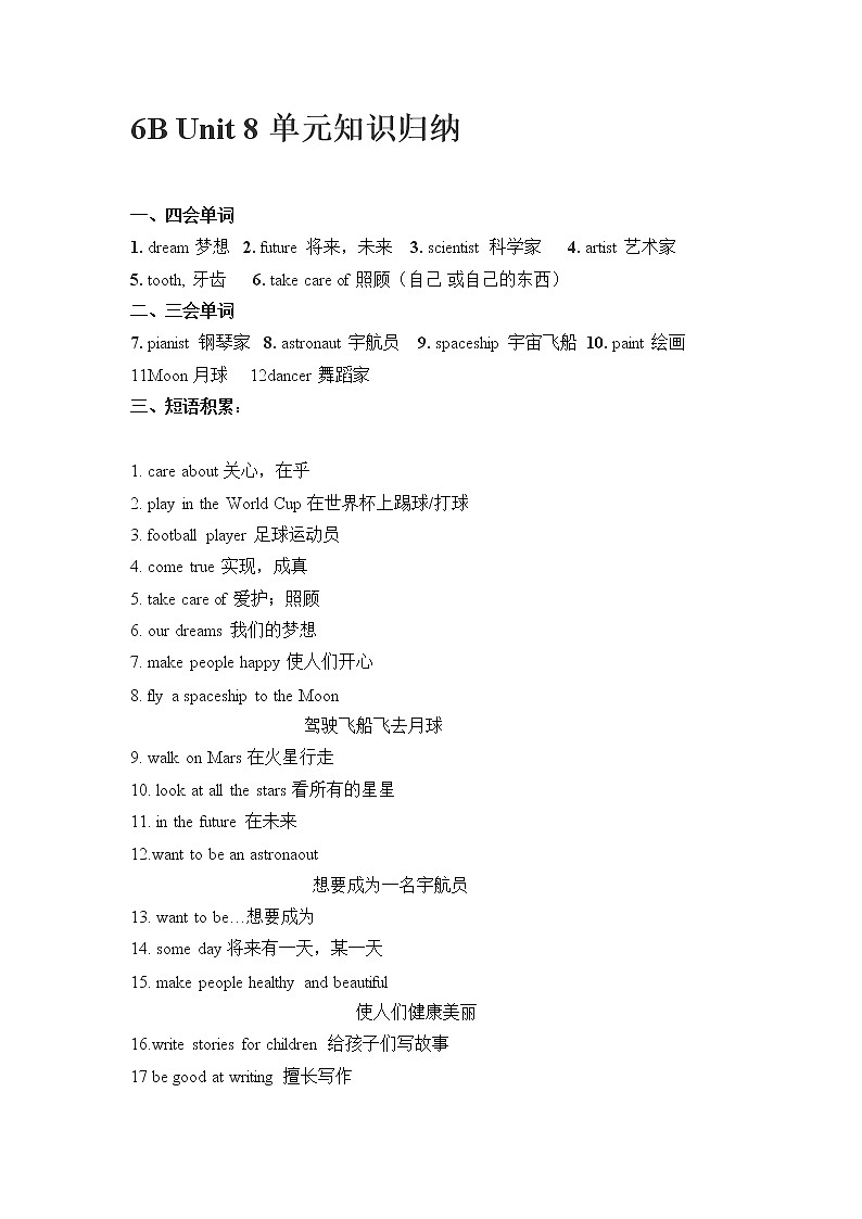 译林版三起英语六年级下册Unit8  Our  dreams  重点知识归纳第1页