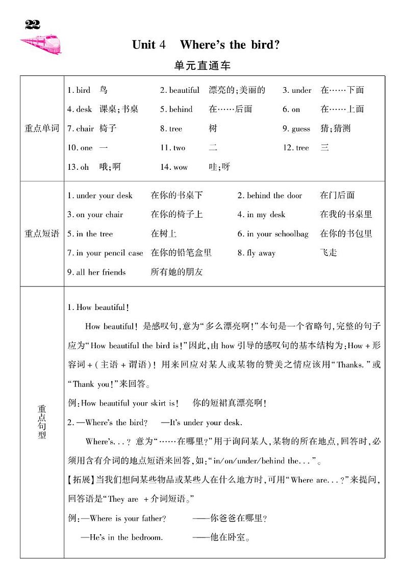 2021春译林版三年级下册英语试题 Unit 4 Where's the bird？课时练 （PDF无答案）译林版01