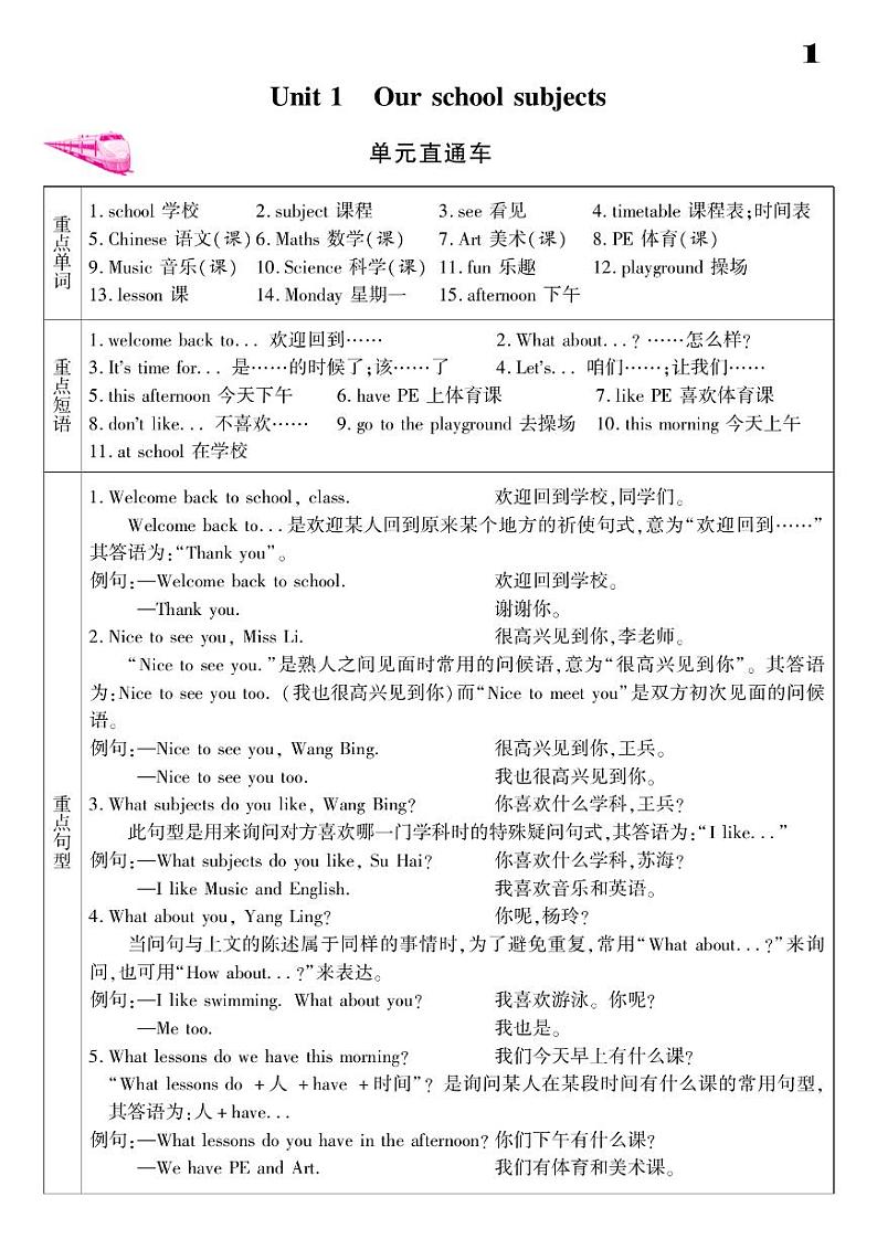 2021春译林版四年级下册英语试题 Unit 1 Our school subjects 同步练习01