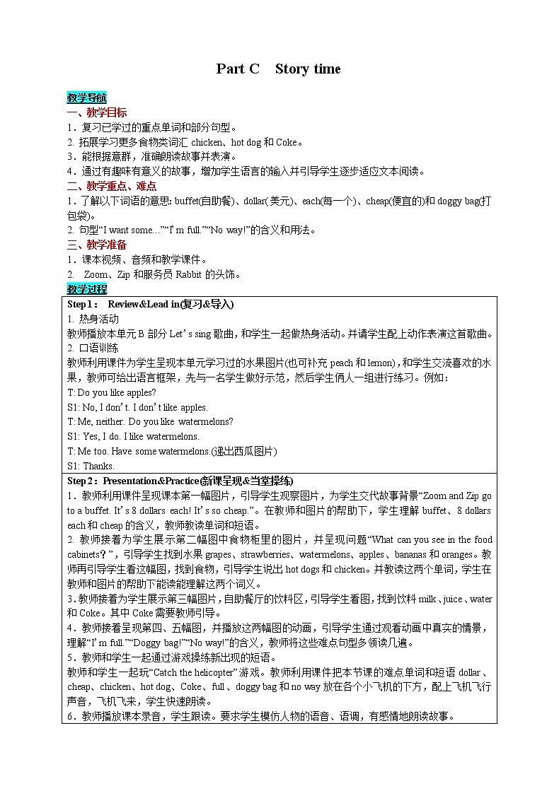 英语三年级下-Unit 5 Do you like pears？ Part C　Story time 教案（人教版PEP）01