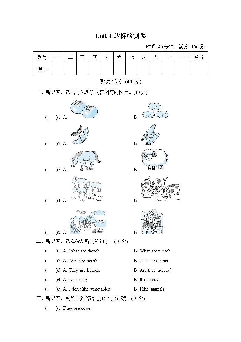 人教PEP版四年级英语下册 Unit 4 单元测试卷1（含听力）01