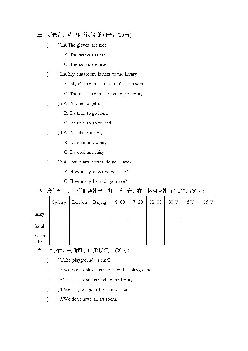人教PEP版四年级英语下册 期末复习 听力专项复习卷二（含听力）02