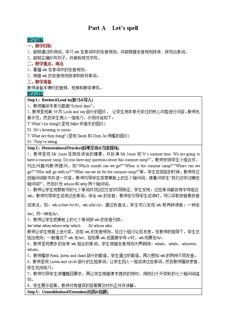 英语五年级下-Unit 6 Work quietly! Part A　Let's spell 教案（人教版PEP）01