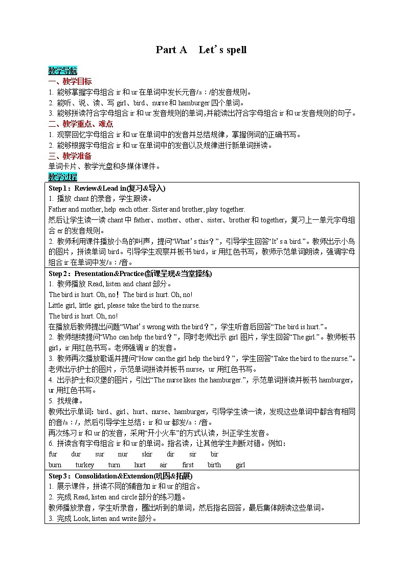 英语四年级下-Unit 2 What  time is it？ Part A　Let's spell 教案（人教版PEP）01