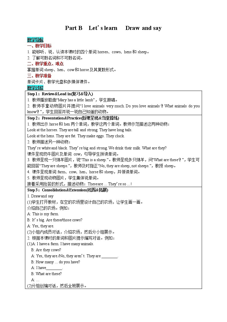 英语四年级下-Unit 4 At the farm Part B　Let's learn　 Draw and say 教案（人教版PEP）01