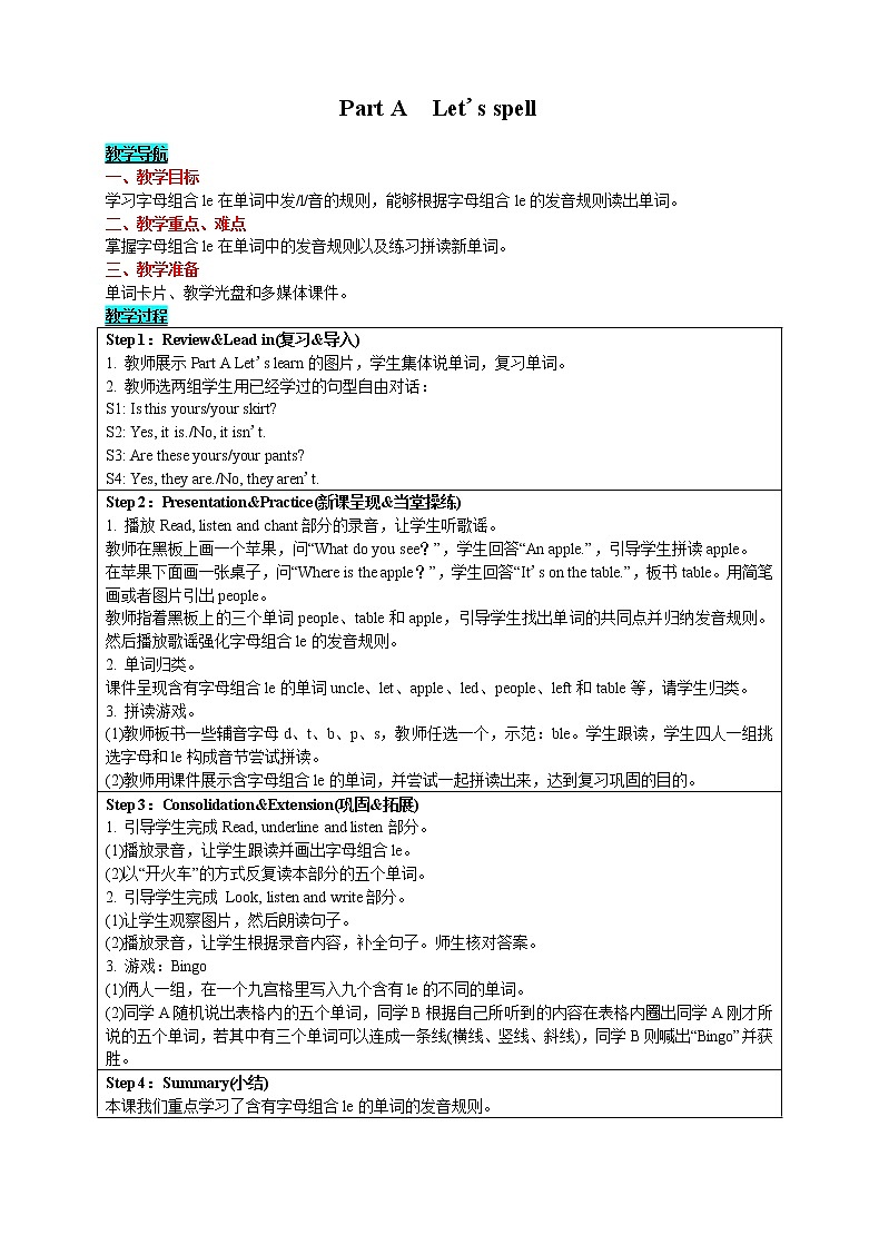 英语四年级下-Unit 5 My clothes Part A　Let's spell 教案（人教版PEP）01