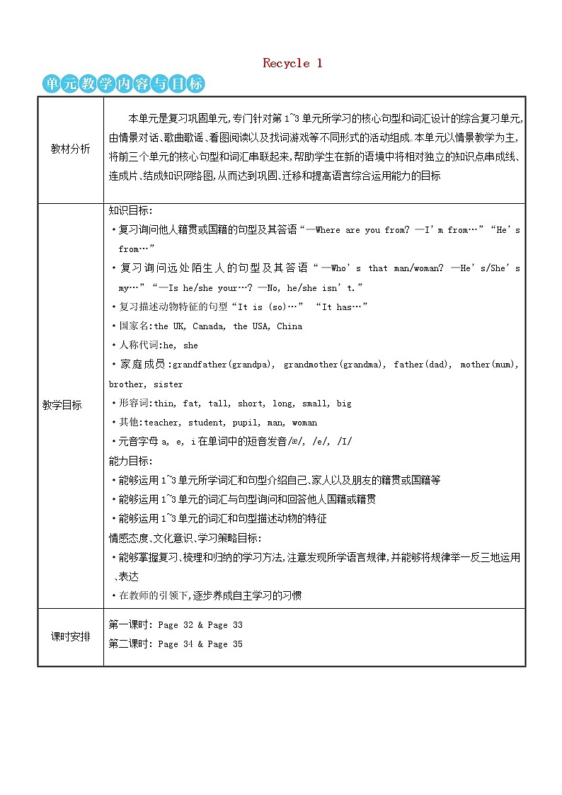【精品】人教PEP 三年级英语下册Recycle1Thefirstperiod第一课时教案01