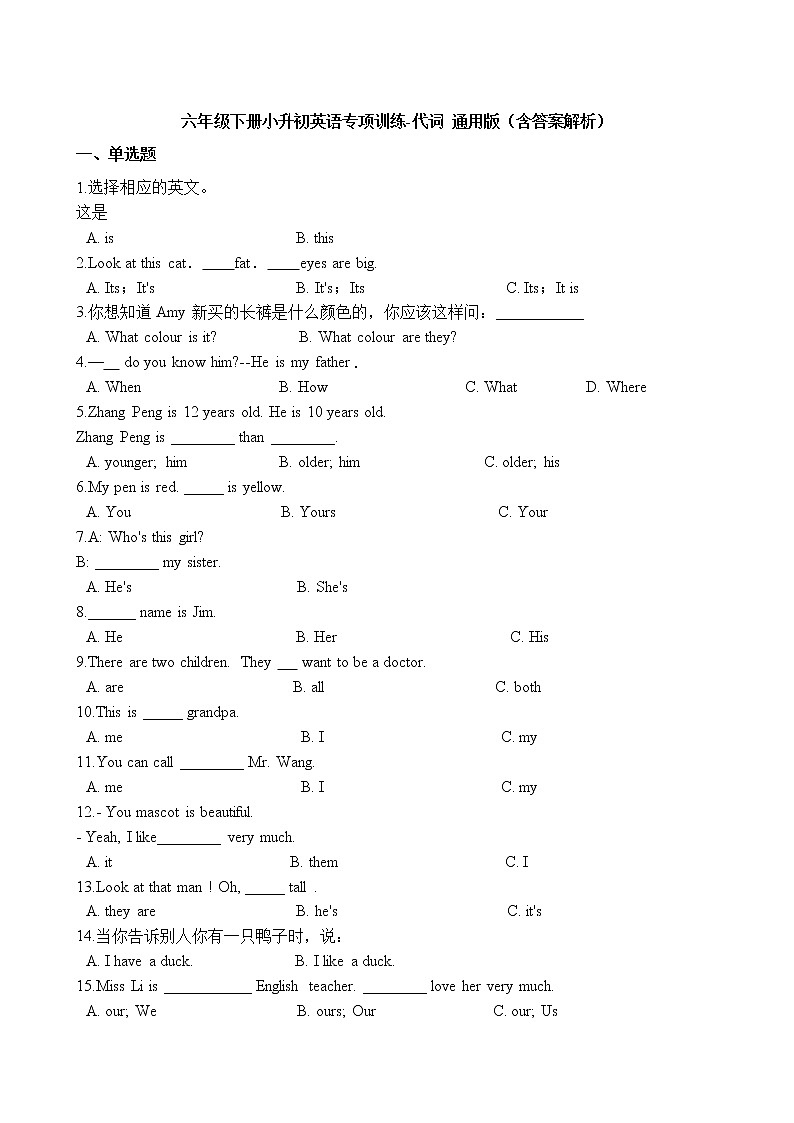 六年级下册英语试题-小升初英语专项训练 代词通用版（含答案解析）第1页