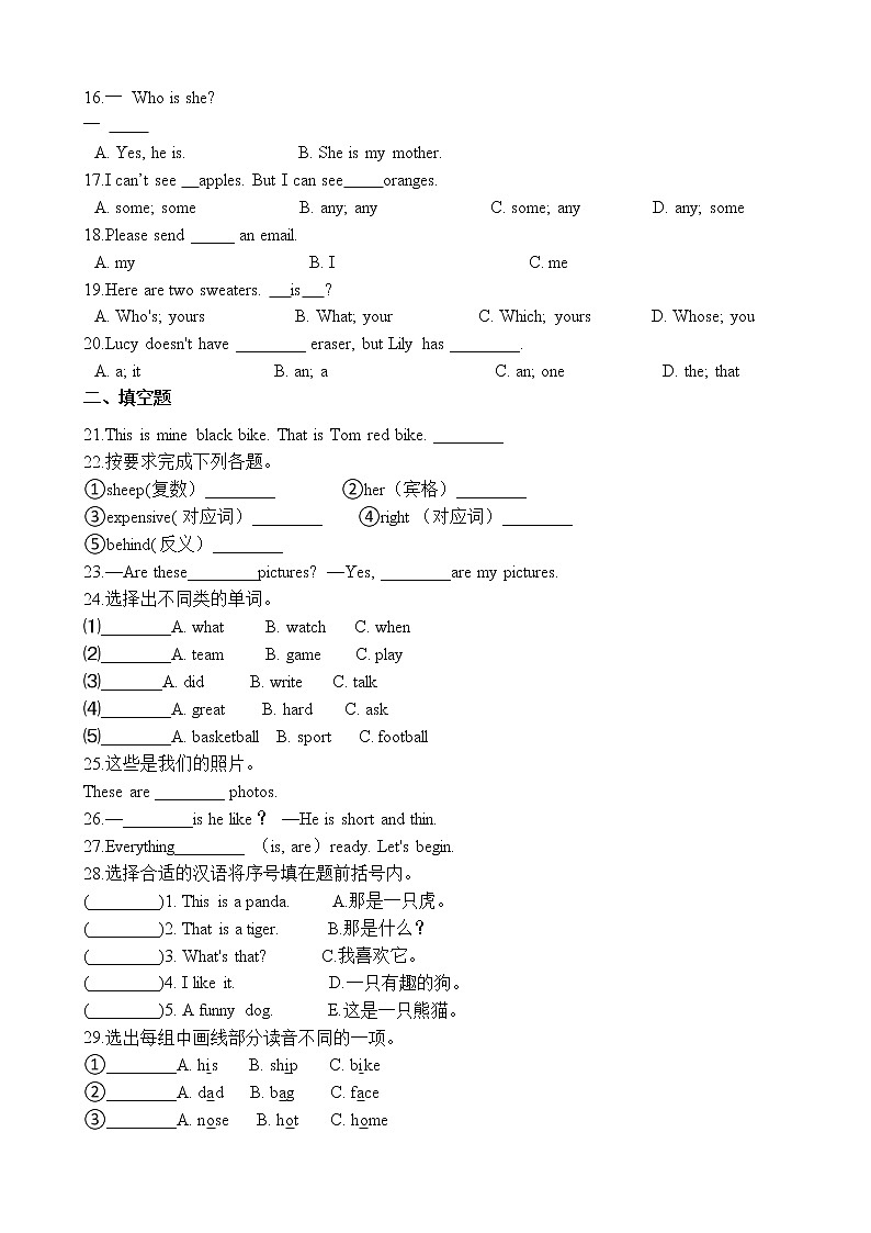 六年级下册英语试题-小升初英语专项训练 代词通用版（含答案解析）第2页