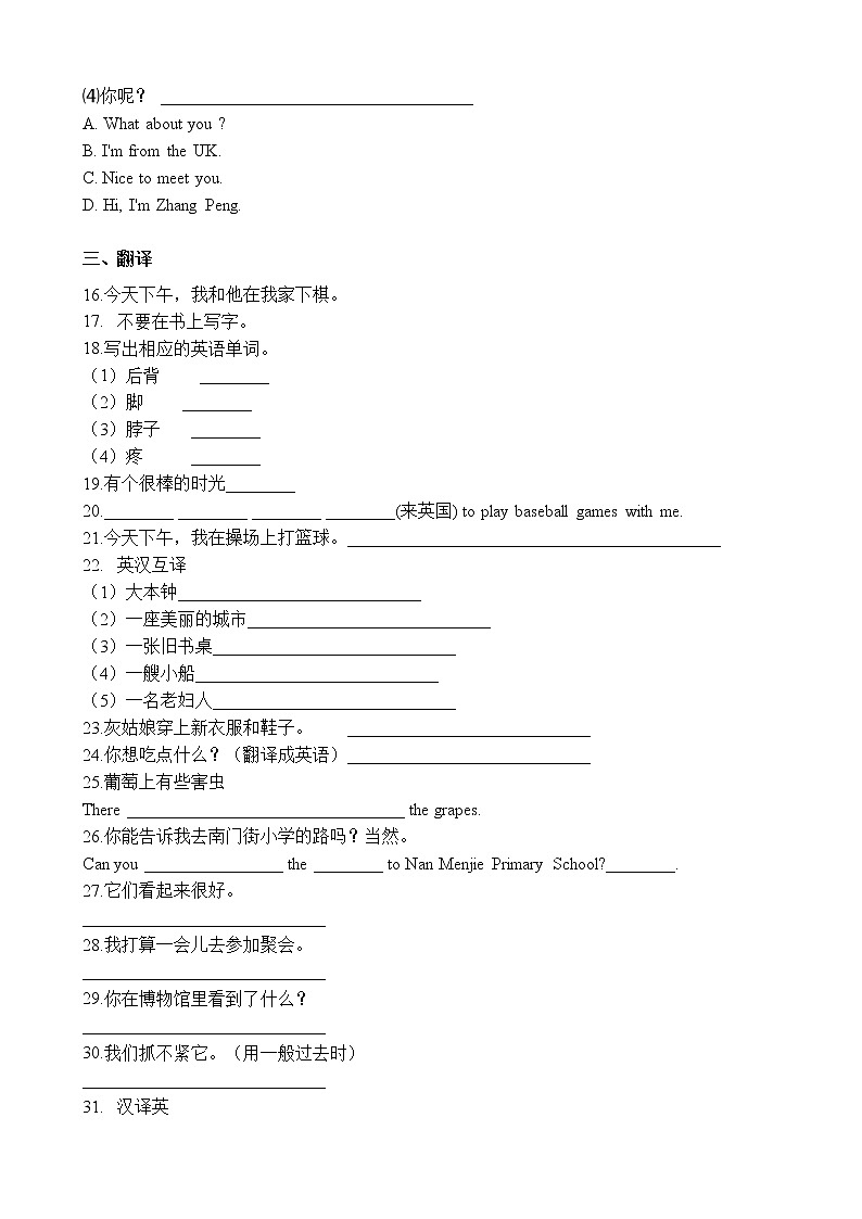 六年级下册英语试题-小升初专项训练之英汉互译（二） 通用版（含答案解析）02