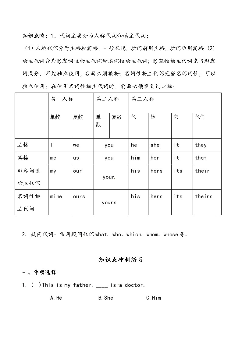 【小升初冲刺】英语专项复习：第2部分 词法 5、代词—基础（学生版） 第1页
