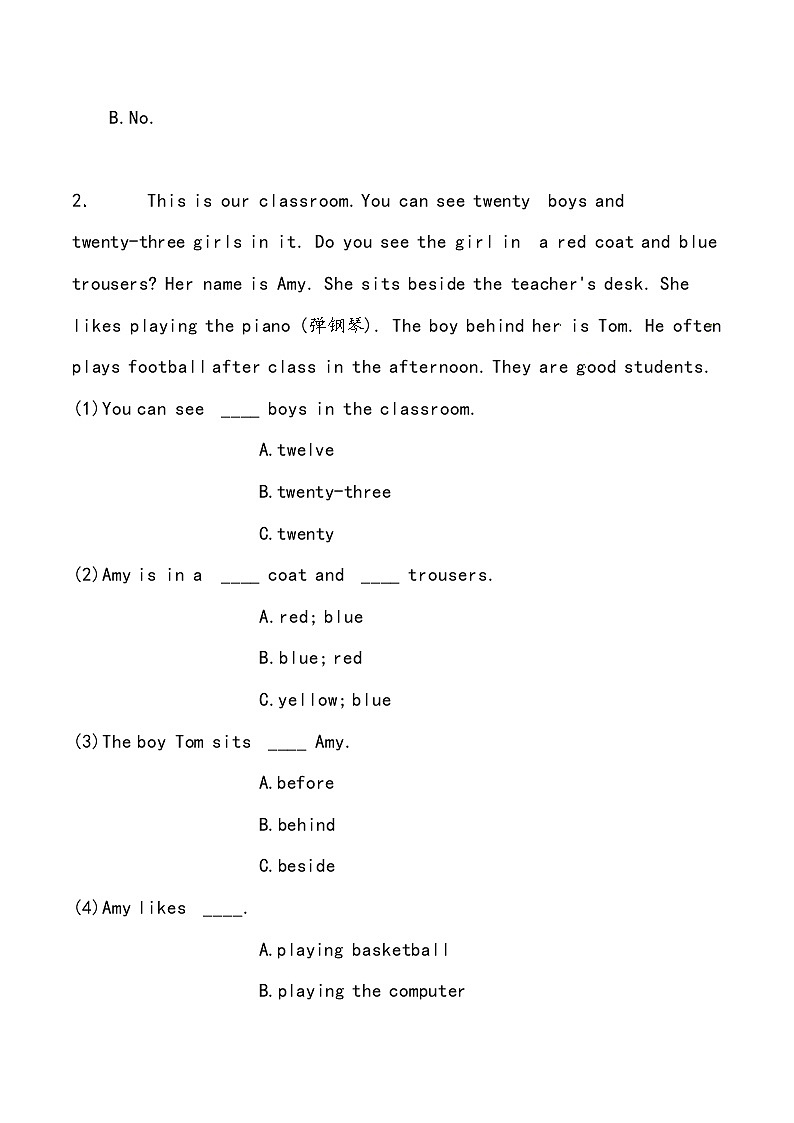 【小升初冲刺】英语专项复习：第6部分 完型与阅读 6、学校类—基础 试卷练习02
