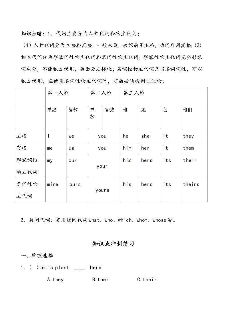 【小升初冲刺】英语专项复习：第2部分 词法 5、代词—拔高（学生版） 第1页