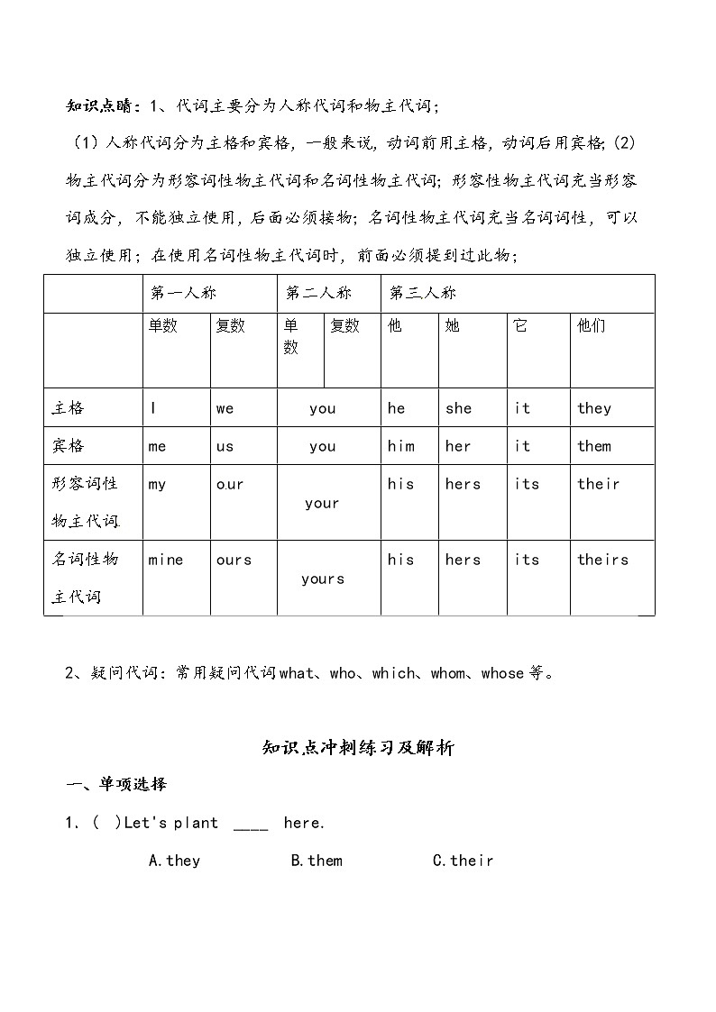 【小升初冲刺】英语专项复习：第2部分 词法 5、代词—拔高（教师版） 第1页