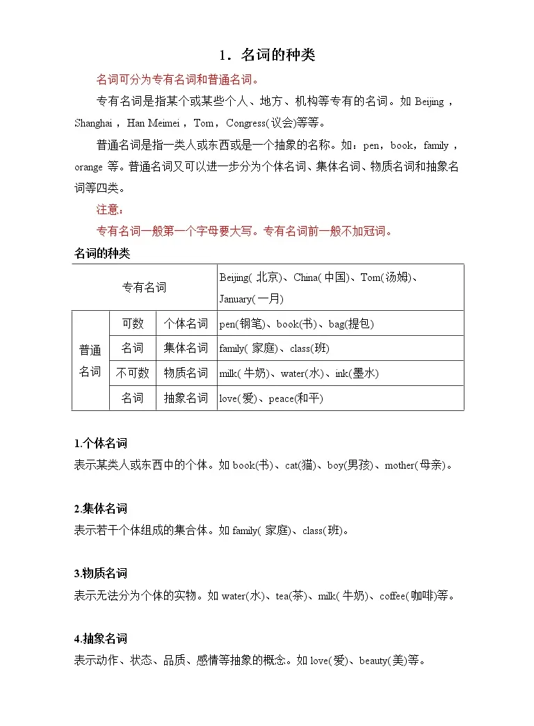 小升初英语语法专项培优突破第1章 名词 1 名词的种类 教习网 教案下载