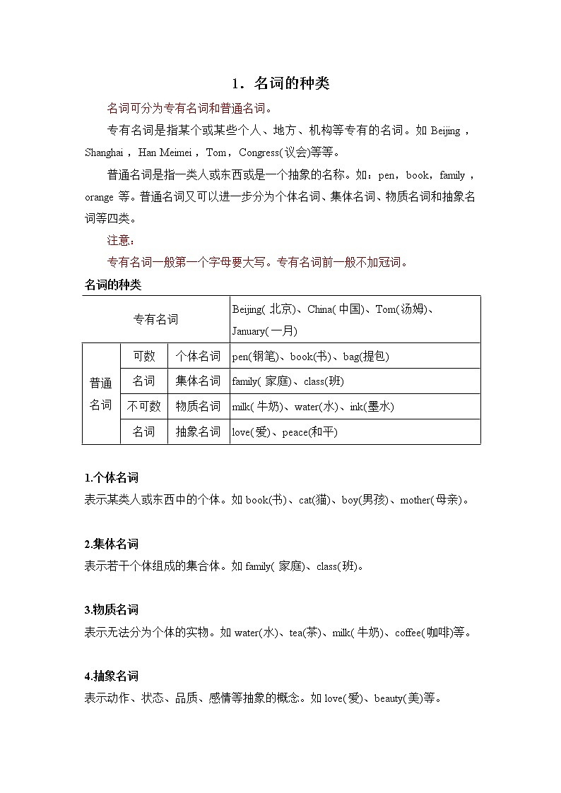 小升初英语语法专项培优突破 第1章：名词（1）名词的种类第1页