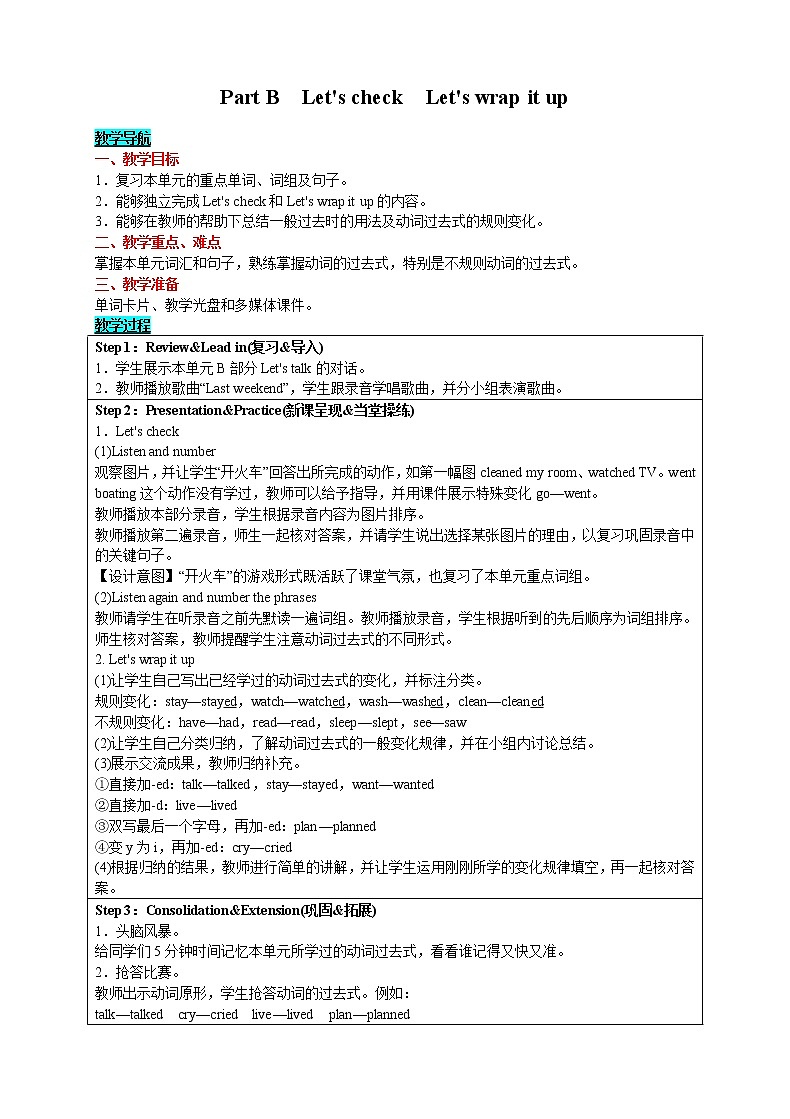 英语六年级下- Unit 2  Last weekend Part B　Let's check　Let's wrap it up 教案（人教版PEP）01