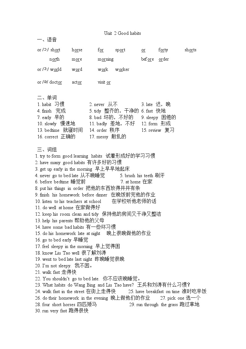 六年级下册英语素材-Unit 2 Good habits单元知识点-译林版第1页