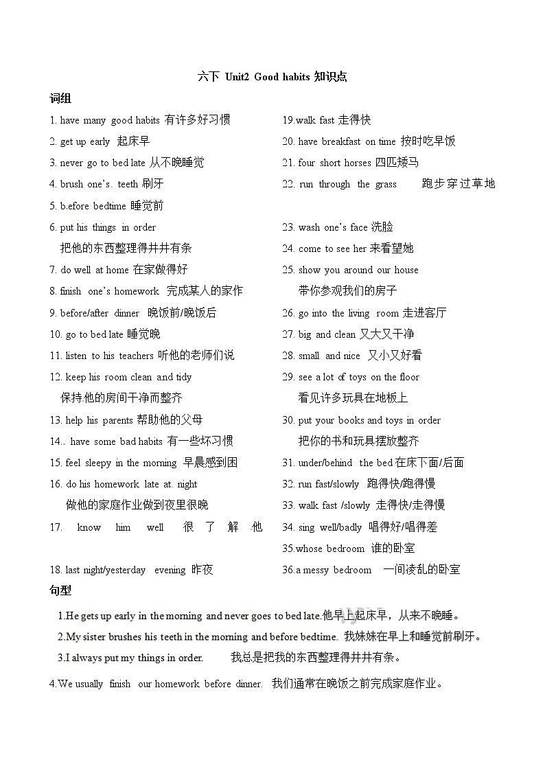 六年级下册英语知识点归纳-Unit2 Good habits_译林版（三起）01