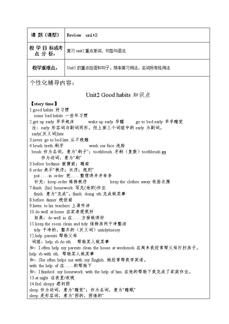 六年级下册英语素材-6Bunit2  Good habits 知识点与练习  译林版01