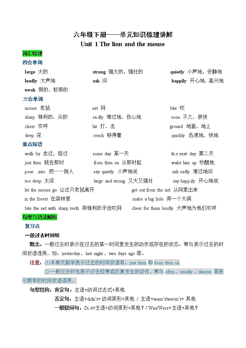 【单元讲练测】【讲】六下英语-Unit 1 The lion and the mouse 单元知识梳理讲解 译林三起01