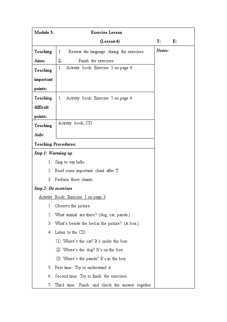 外研社（一年级起点）小学英语一年级下册 Module 3 Exercise Lesson教案01