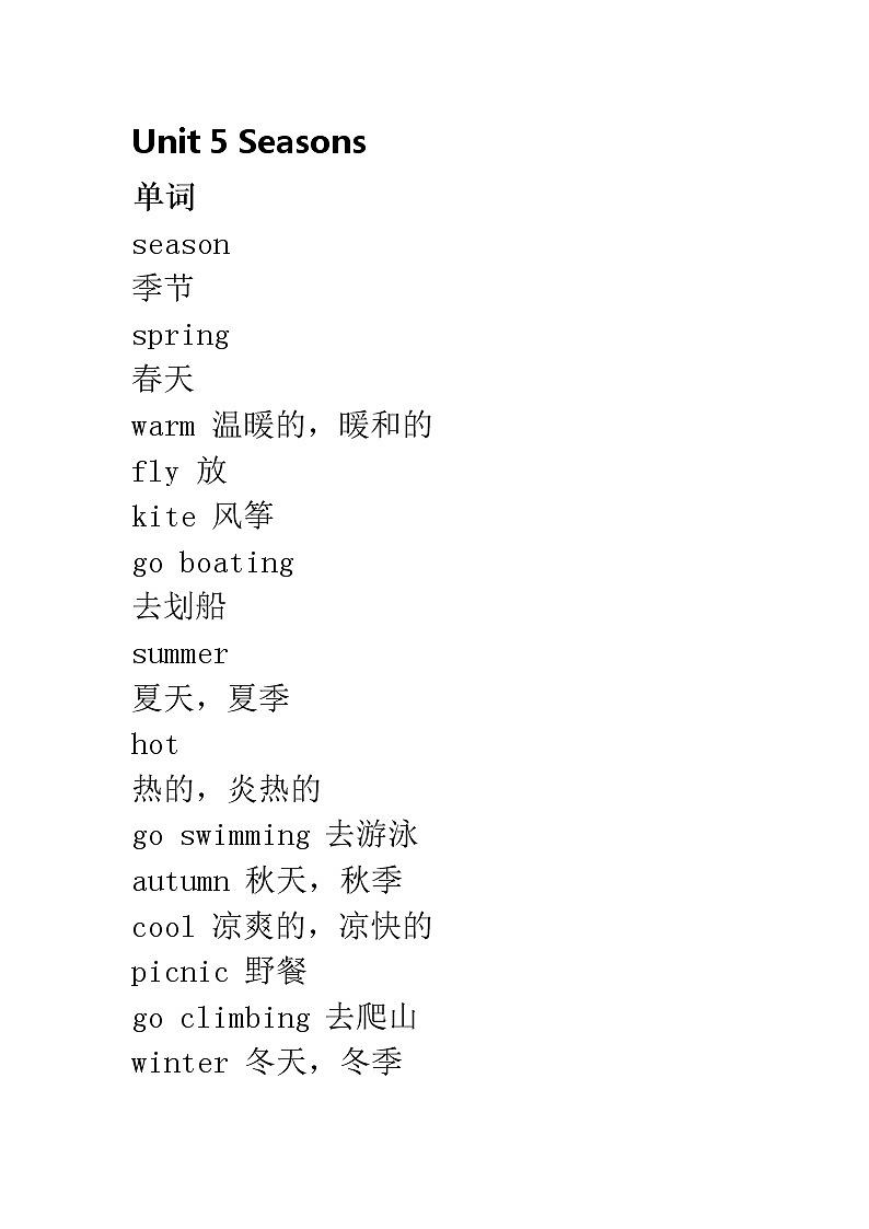 译林版小学英语四年级下册 Unit 5 单词短语句子语法等知识点 教案01