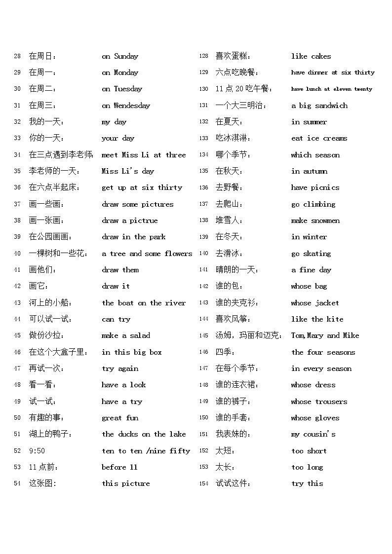 译林版四年级下册Unit1-8短语复习资料 教案02