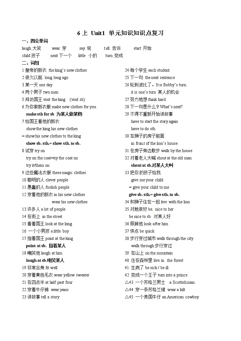 6AU1 The king’s new clothes单元知识点，单词词组句子第1页