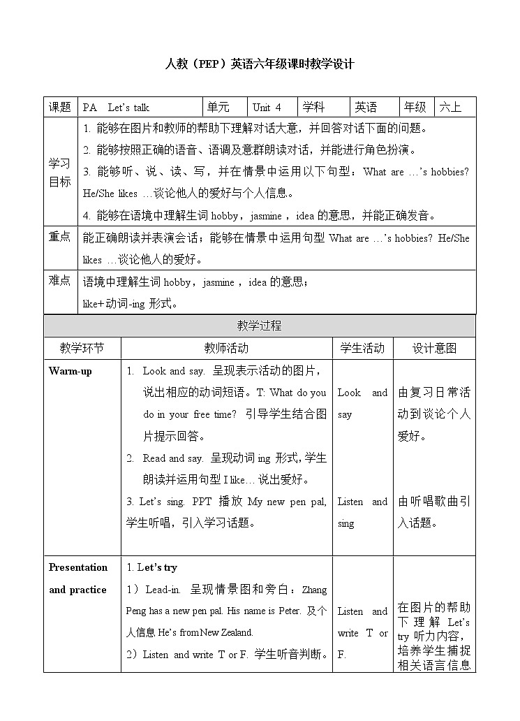 人教版（PEP）小学英语六年级上册 Unit 4 I have a pen pal PA Let's talk 同步课件+教案+同步练习01