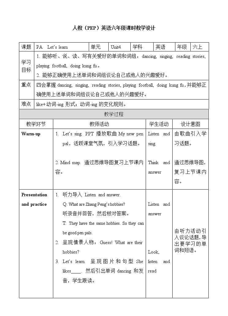 人教版（PEP）小学英语六年级上册 Unit 4 I have a pen pal PA Let’s learn 同步课件+教案+同步练习01
