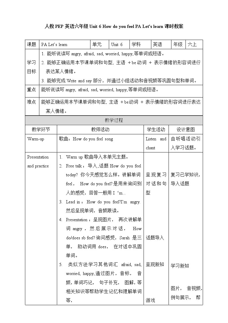 人教版（PEP）小学英语六年级上册 Unit 6 How do you feel PA Let's learn 同步课件+教案+同步练习01