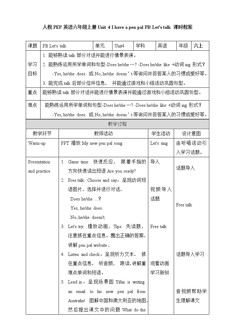 Unit 4 I have a pen pal PA Let 's talk  教案第1页
