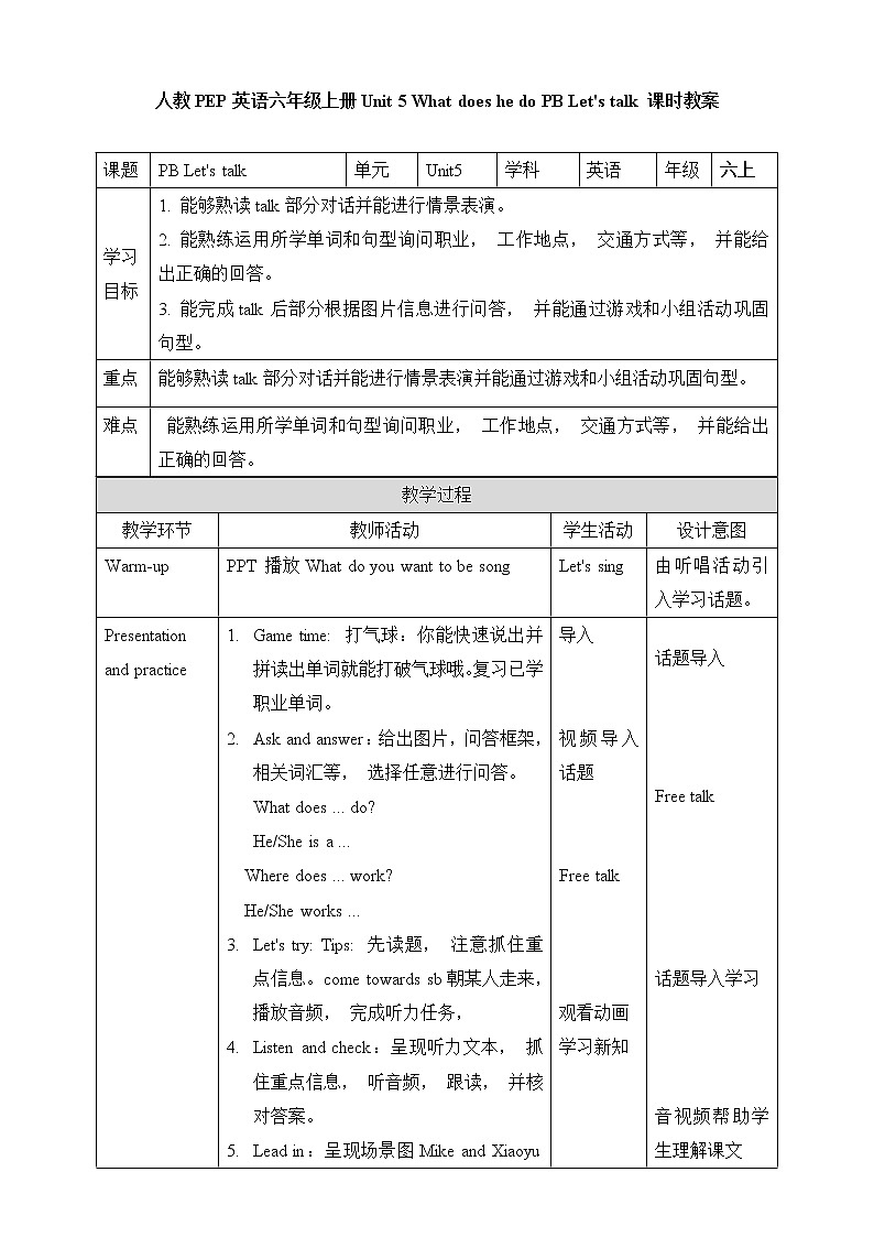 Unit 5 What does he do PB Let 's talk 教案第1页