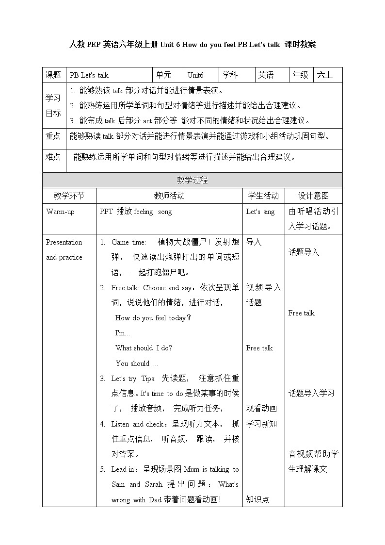 Unit 6 How do you feel PB Let 's talk  教案第1页