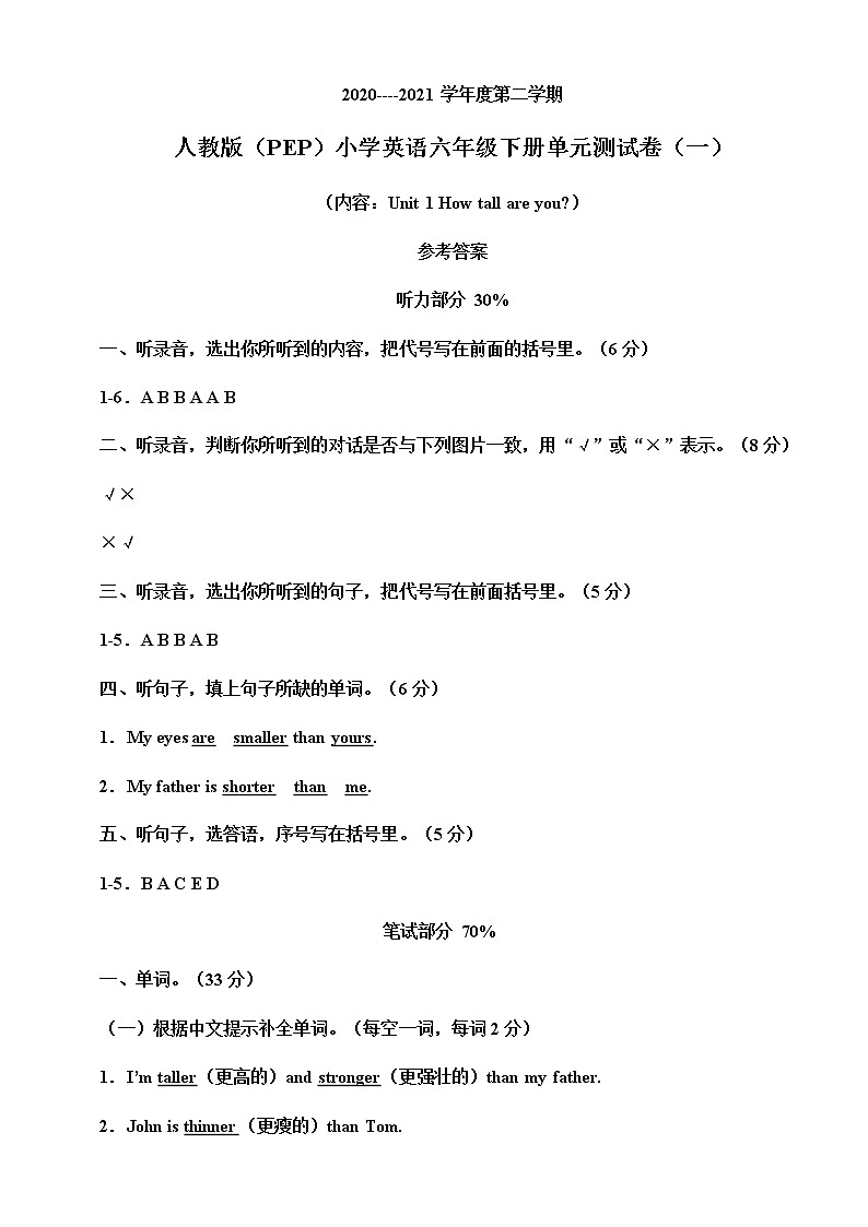 人教版（PEP）小学英语六年级下册单元测试卷（一）（含听力书面材料+音频+答案）01