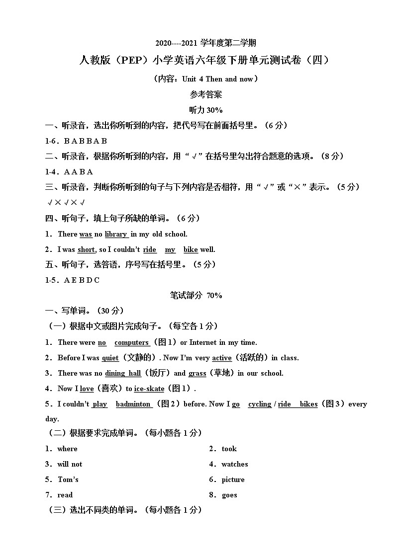 人教版（PEP）小学英语六年级下册单元测试卷（四）（含听力书面材料+音频+答案）01