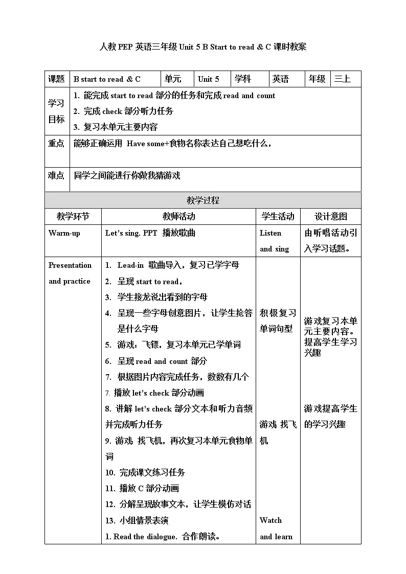 【人教PEP版】英语三年级上册 Unit 5 Let's eat B Start to read & C课件+教案+练习01