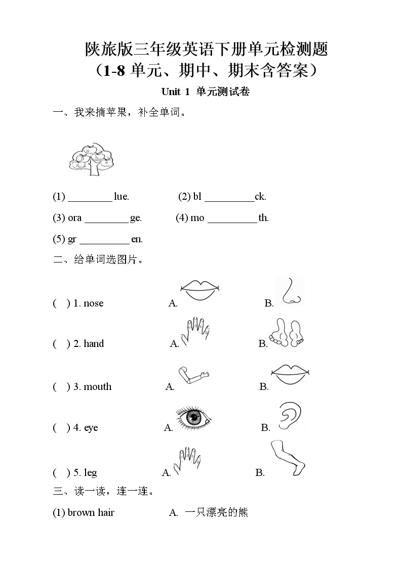 最新陕旅版英语三年级下册单元测试卷（1-8单元全有答案）01