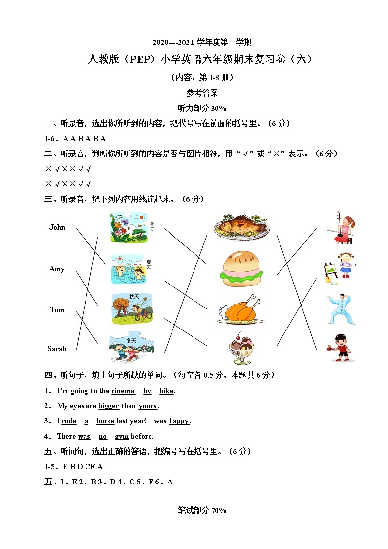 2020-2021学年人教版（PEP）小学英语六年级下册期末复习卷（六）（含听力书面材料+音频+答案）01